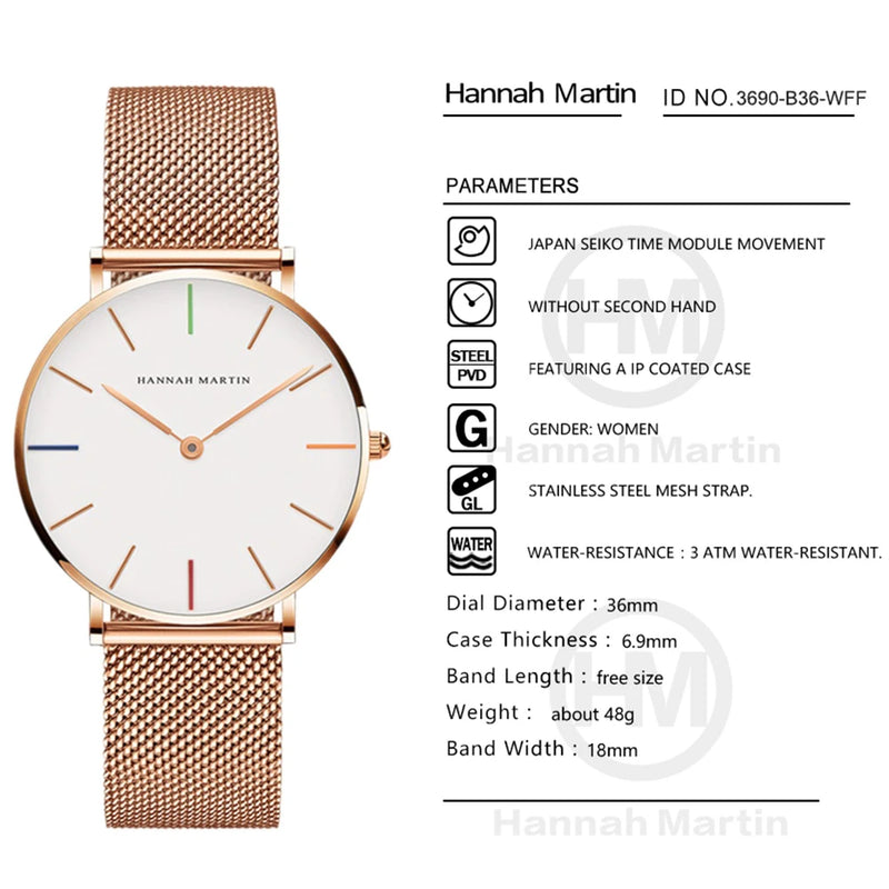 Relógio de pulso feminino Hannah Martin pulseira de Aço