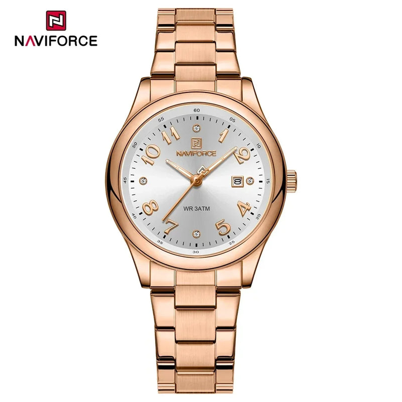 NAVIFORCE Relógio Feminino de Luxo Prata Aço Inoxidável