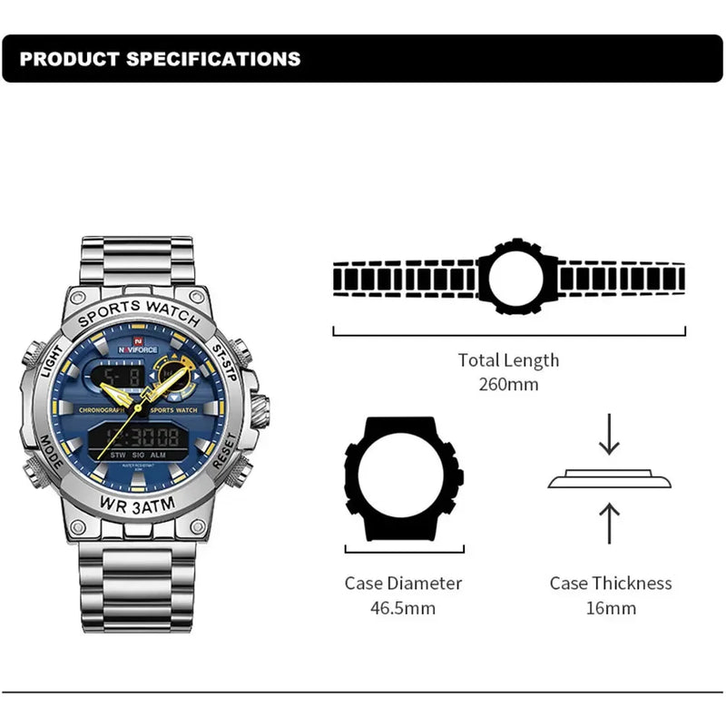 NAVIFORCE Relógio Militar Masculino Esportivo de Quartzo com Display Duplo