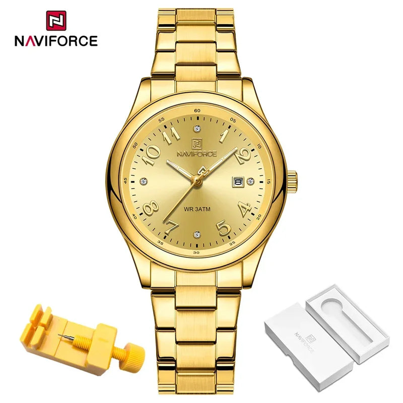 NAVIFORCE Relógio Feminino de Luxo Prata Aço Inoxidável