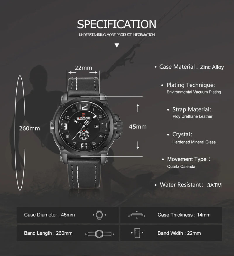 NAVIFORCE Relógio de Quartzo Militar de Luxo Analógico Data