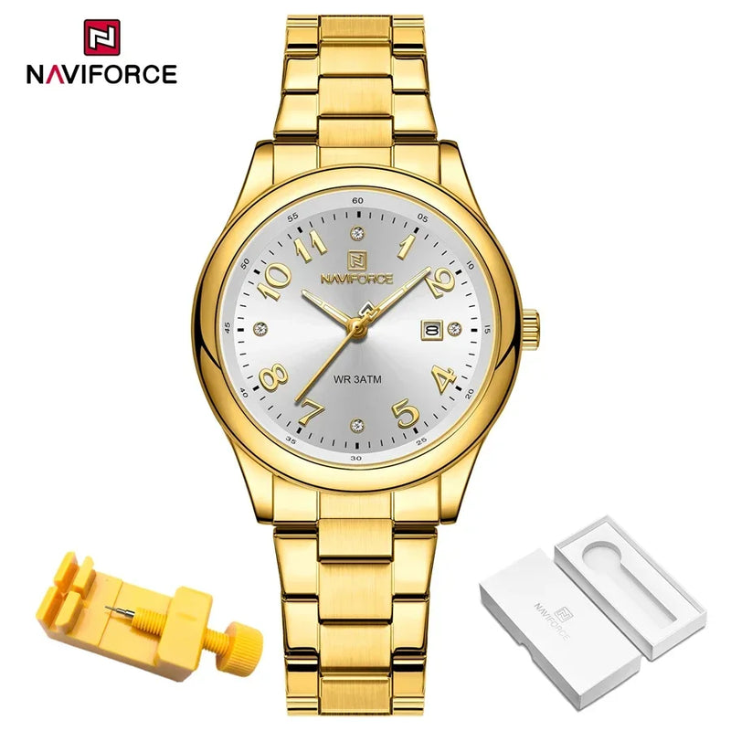 NAVIFORCE Relógio Feminino de Luxo Prata Aço Inoxidável