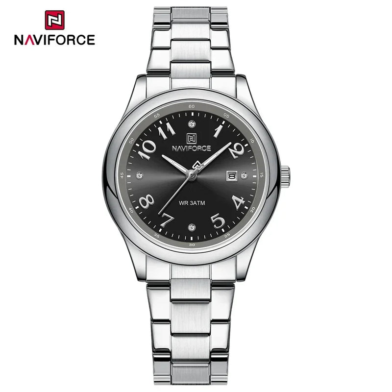 NAVIFORCE Relógio Feminino de Luxo Prata Aço Inoxidável