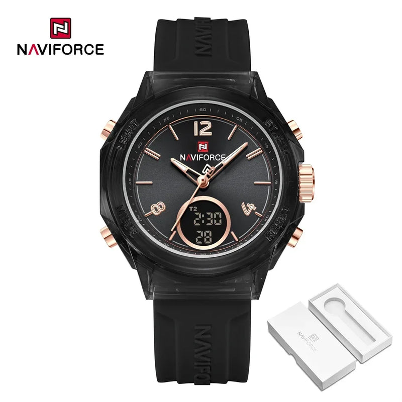 NAVIFORCE Relógio Esportivo Feminino Display de Hora Dupla Digital LED Luz de Fundo