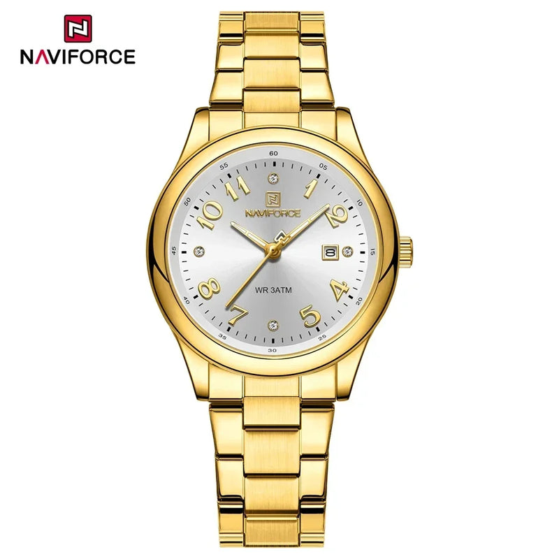 NAVIFORCE Relógio Feminino de Luxo Prata Aço Inoxidável