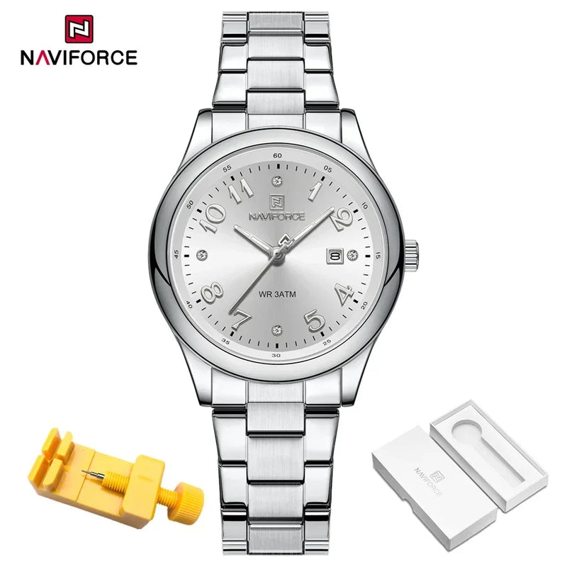 NAVIFORCE Relógio Feminino de Luxo Prata Aço Inoxidável