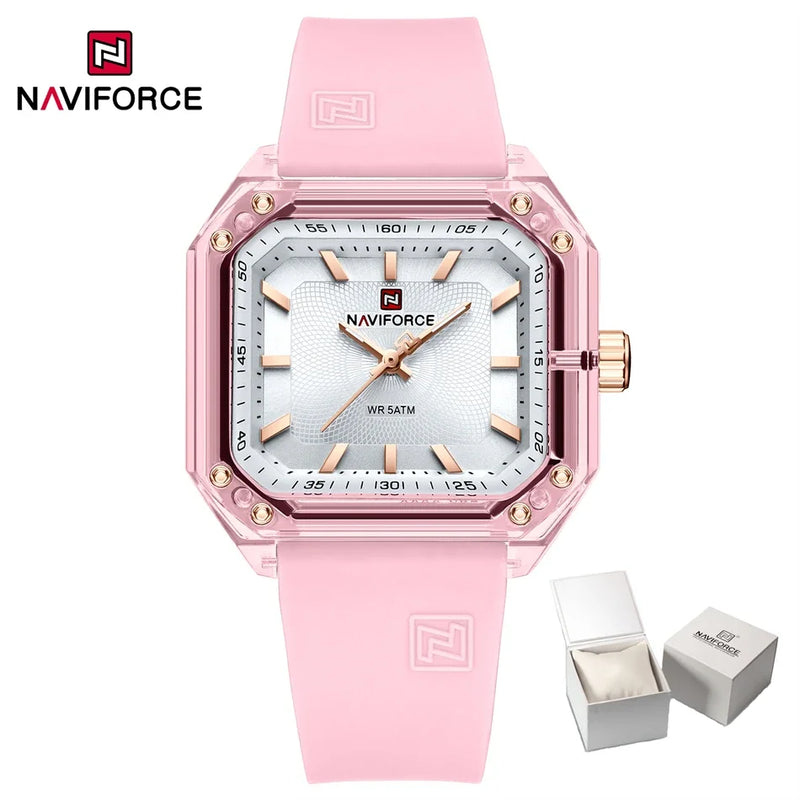 NAVIFORCE Relógio Feminino Quadrado Quartzo Pulseira de Silicone