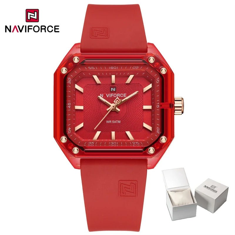 NAVIFORCE Relógio Feminino Quadrado Quartzo Pulseira de Silicone