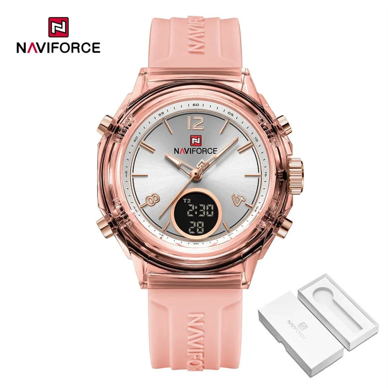 NAVIFORCE Relógio Esportivo Feminino Display de Hora Dupla Digital LED Luz de Fundo