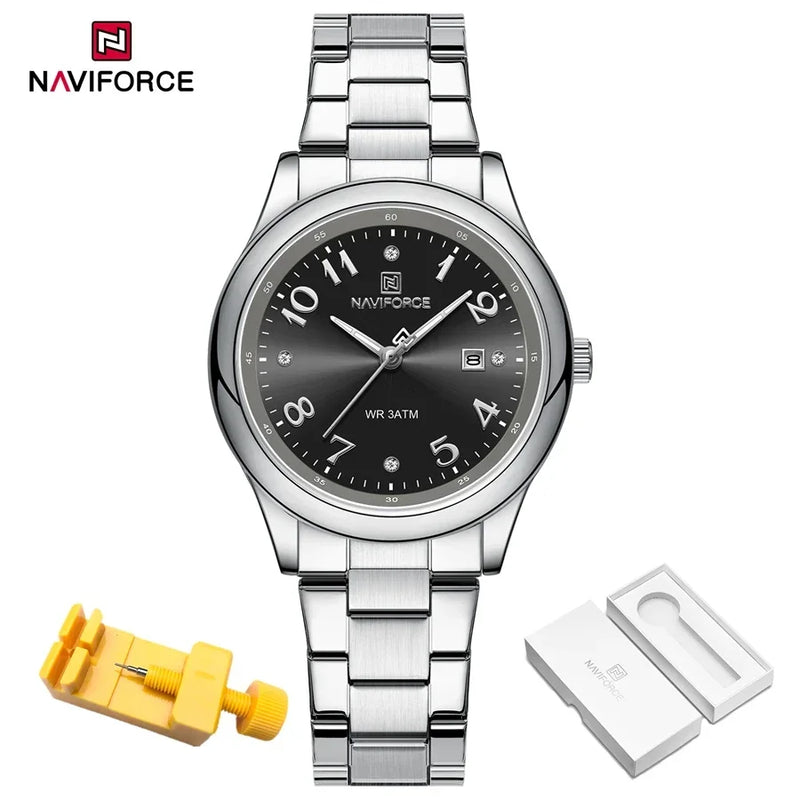 NAVIFORCE Relógio Feminino de Luxo Prata Aço Inoxidável