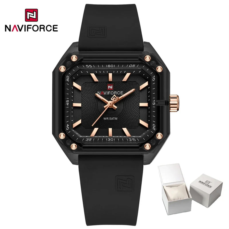 NAVIFORCE Relógio Feminino Quadrado Quartzo Pulseira de Silicone