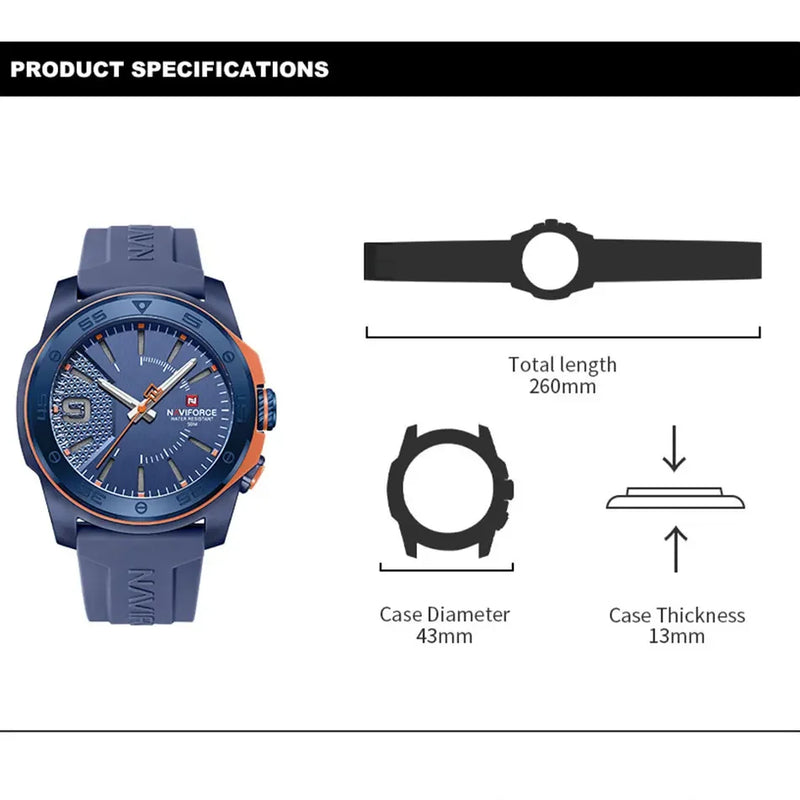 NAVIFORCE Relógio de quartzo empresarial pulseira de silicone