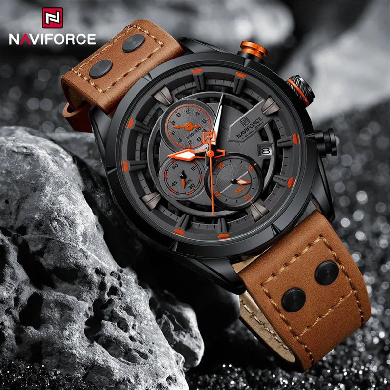 Relógio Casual Masculino NAVIFORCE Moda Luxo Pulseira de Couro Genuíno