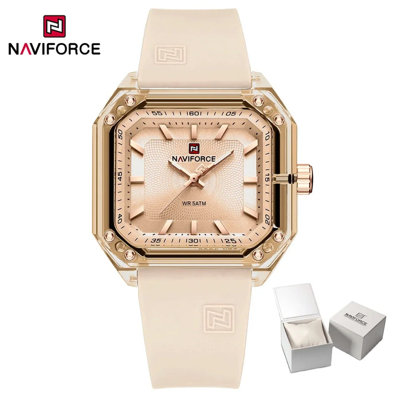 NAVIFORCE Relógio Feminino Quadrado Quartzo Pulseira de Silicone