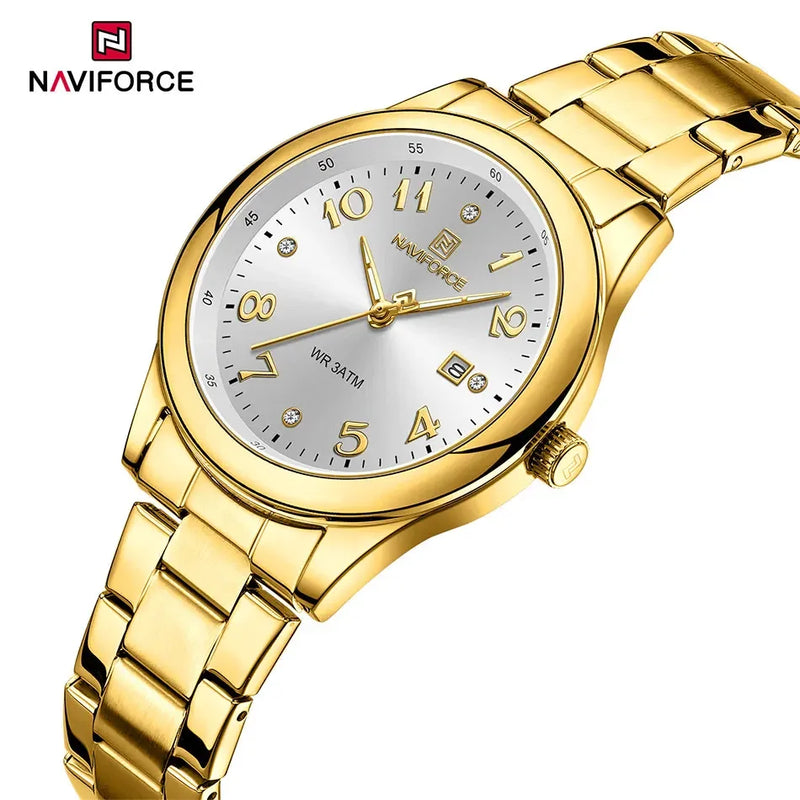 NAVIFORCE Relógio Feminino de Luxo Prata Aço Inoxidável