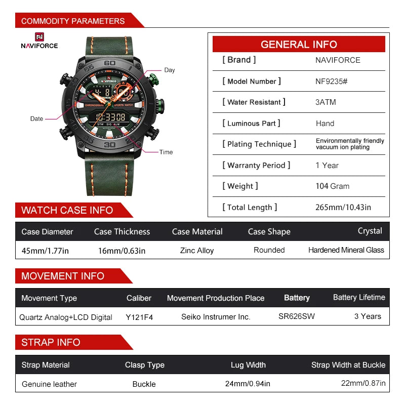 NAVIFORCE Relógio Digital Estilo Militar Esportivo Dual Display Quartzo